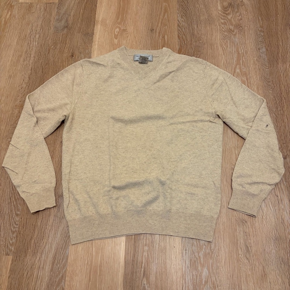 Pronto Mondo V-Neck Cashmere Sweater Tan Beige Classic Lightweight Knit Size Med